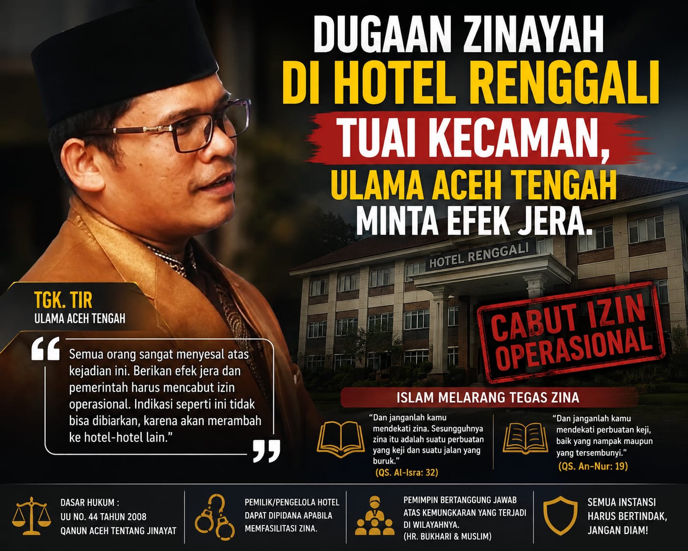 Dugaan Zinayah di Hotel Portola Renggali Tuai Kecaman, Ulama Aceh Tengah Minta Efek Jera.